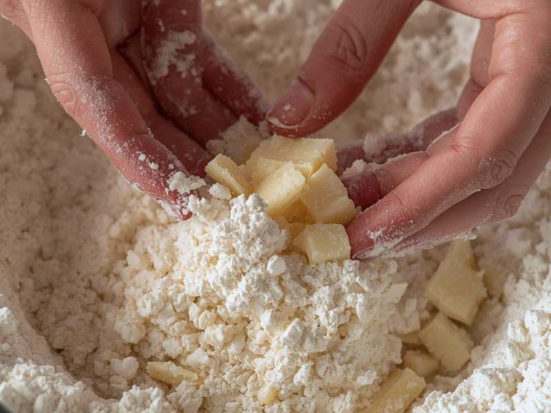 Working in butter into the flour to form breadcrumbs texture