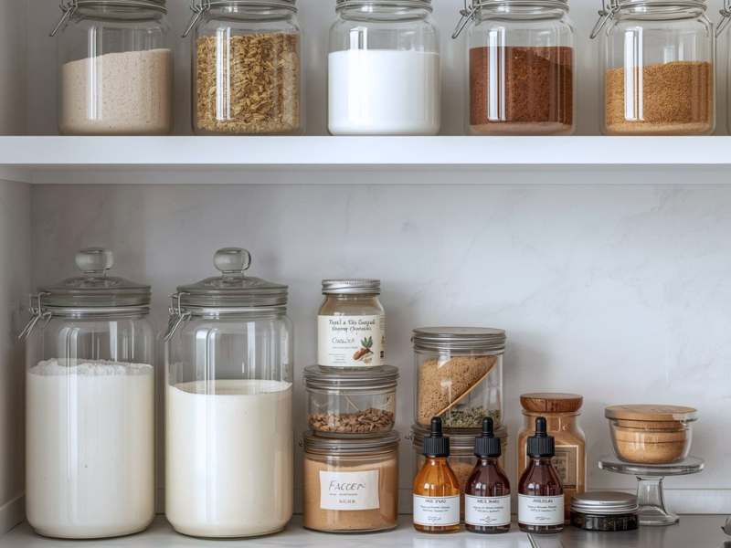 Glass jars and canisters filled with baking ingredients