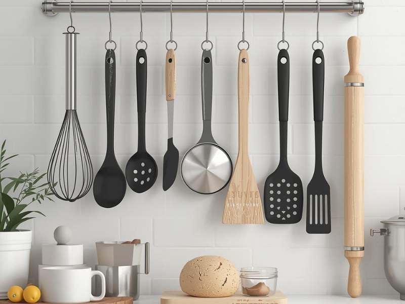 Baking tools hanged on a wall rack