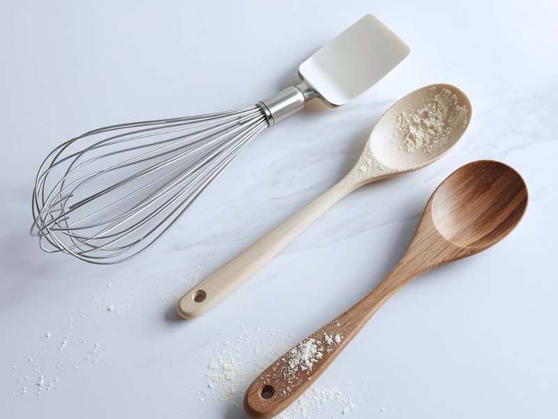 Whisk, Spatula and a wooden spoon